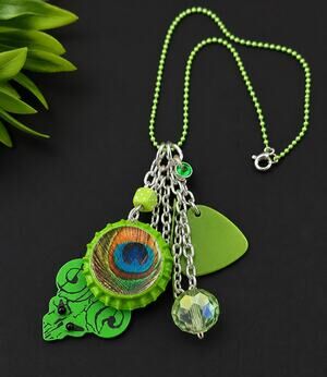 Handmade Green Guitar Pick Bottle Peacock “Live” Necklace Tenacious D Inspired